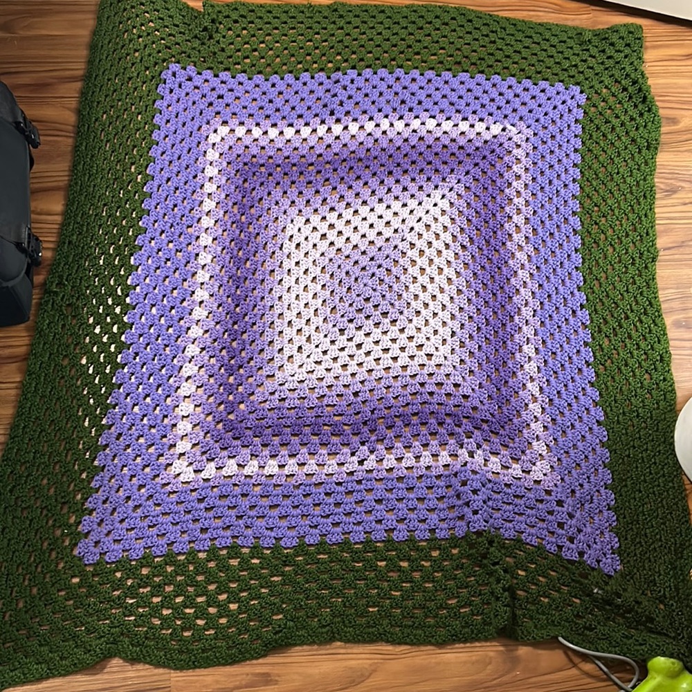Hand Made Crochet Grandma Blanket gradient purple and forest green edge